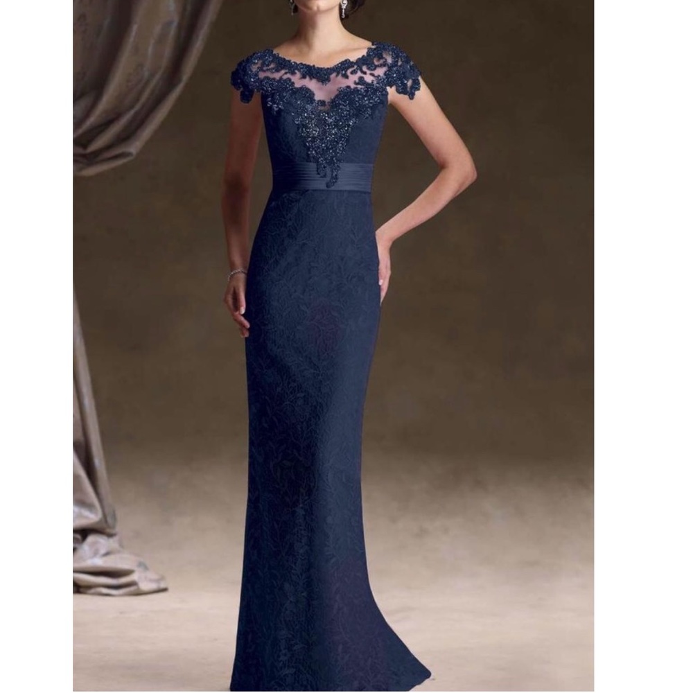 Mon Cheri Ivonne D blue navy gown evening dress full length beaded lace